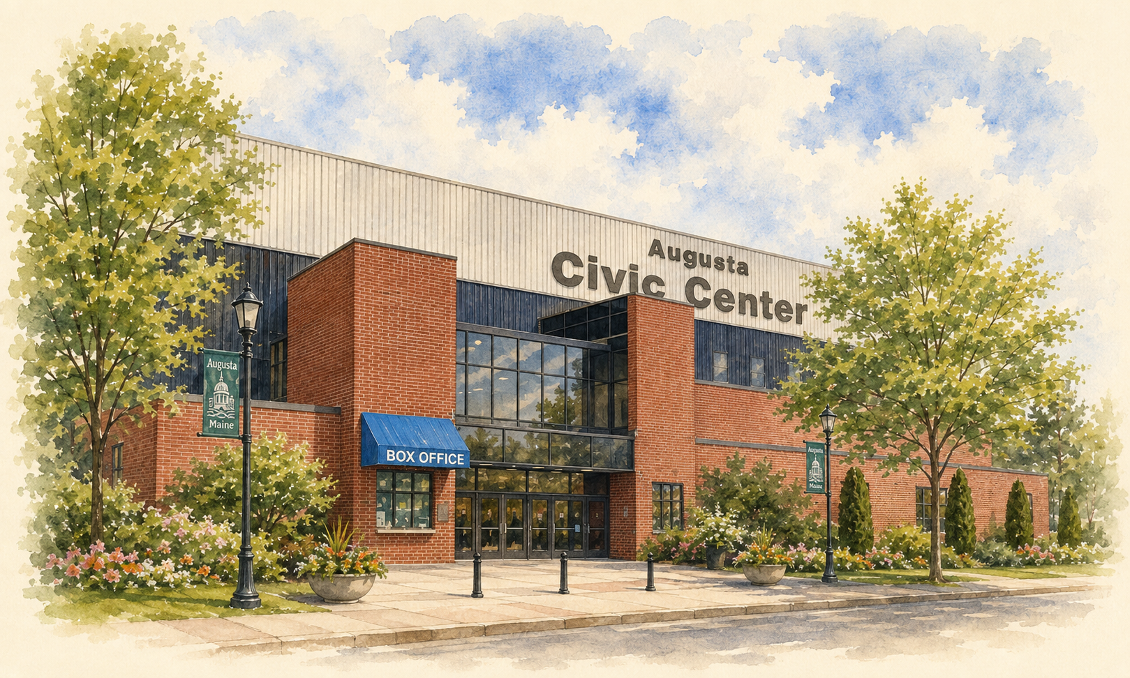 Watercolor illustration of the Augusta Civic Center box office entrance on a bright summer day