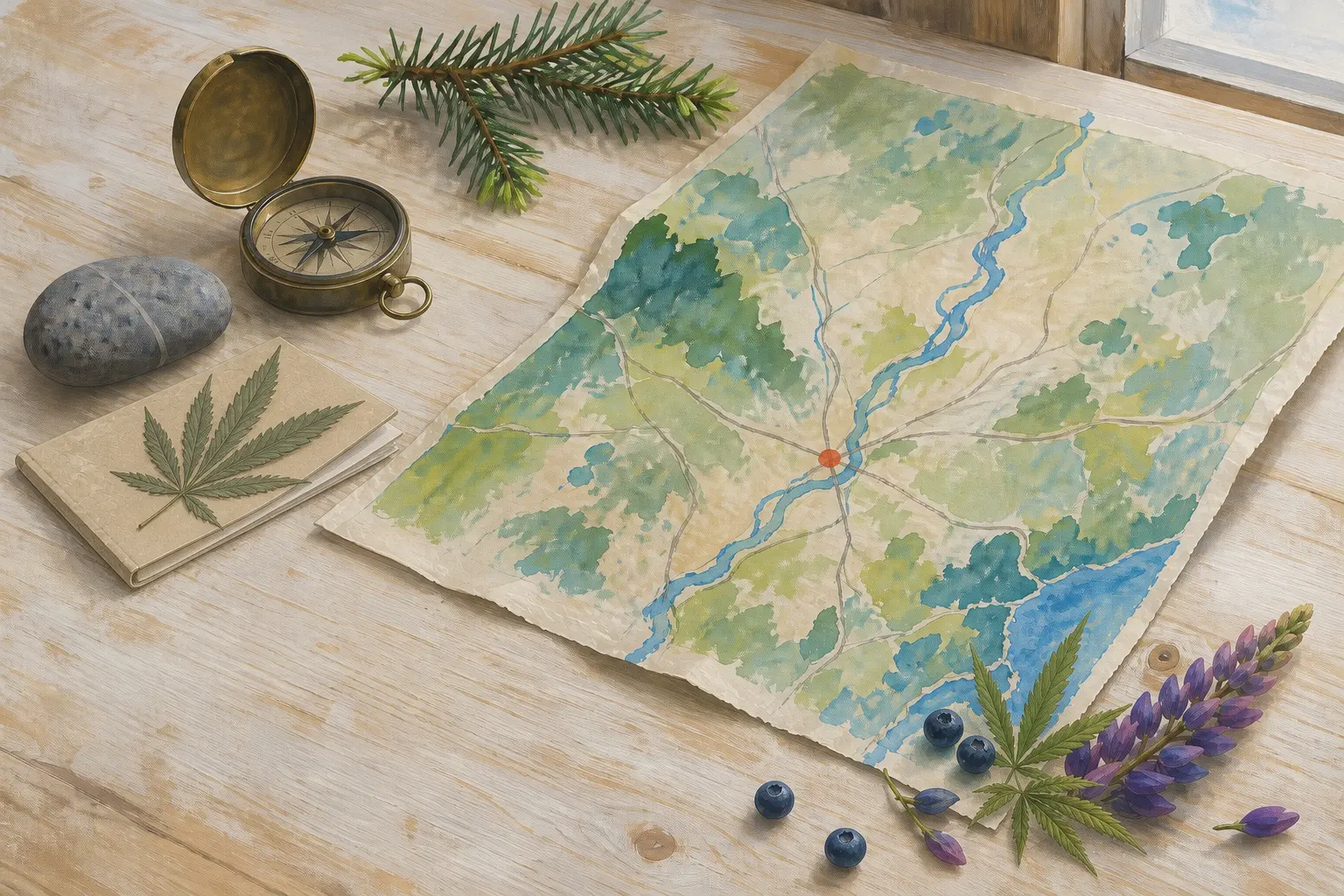 Watercolor field guide map of Maine beside a compass and botanical specimens.